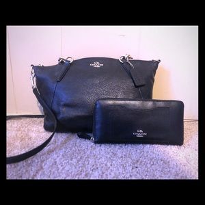 Authentic black leather coach purse + wallet set